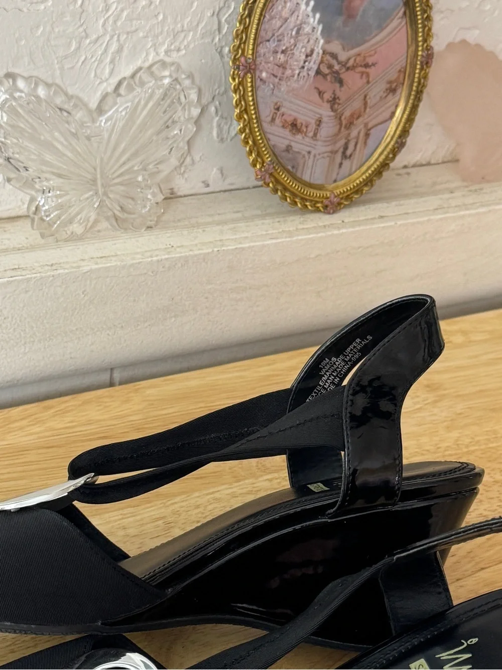 IMPO Black Stretch Slingback Wedge Sandals Size 10 Y2K Peep Toe Comfort Heels
